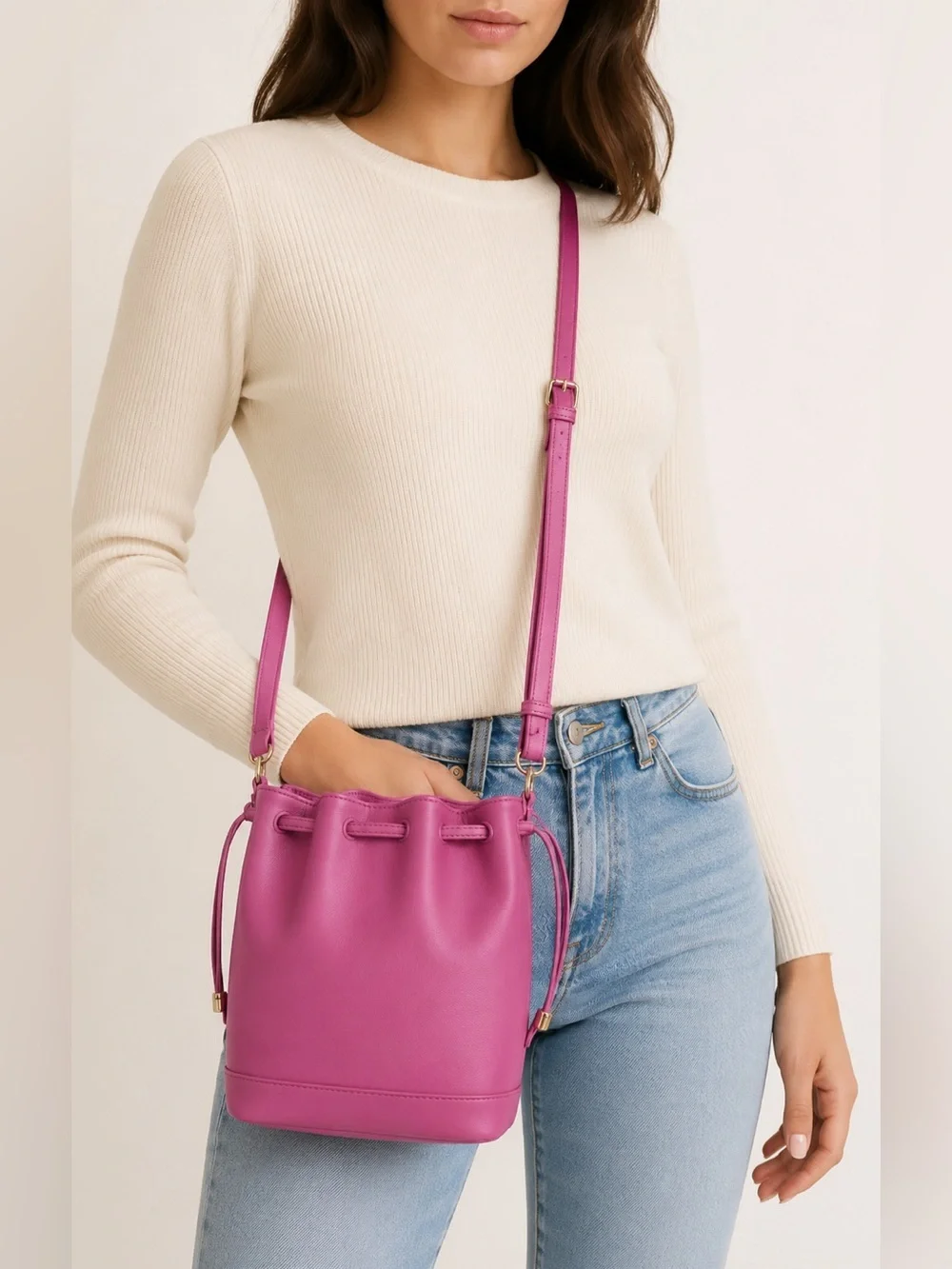 Celine Magenta Drawstring Bucket Crossbody Bag